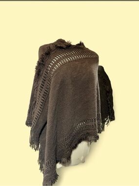 GANZ Brown Knit Fringe Textured Knit Poncho Cape Boho Western